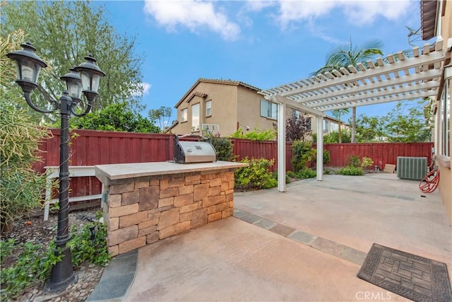 view of patio / terrace featuring a pergola, area for grilling, a fenced backyard, and central air condition unit