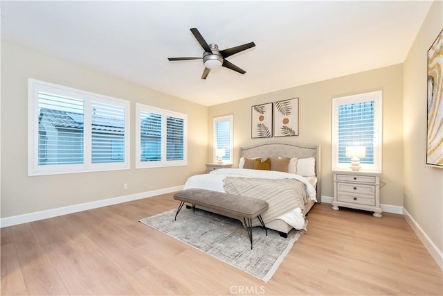 bedroom featuring light wood-style floors, ceiling fan, and baseboards