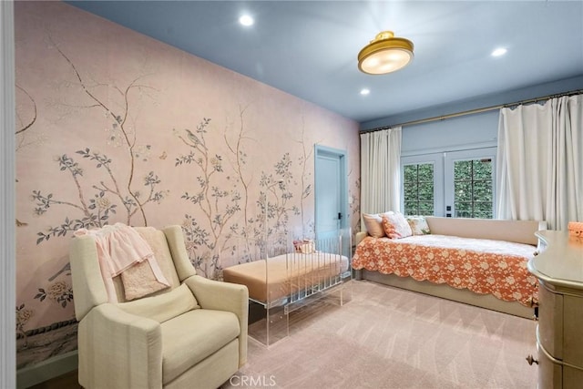 bedroom with recessed lighting and carpet flooring