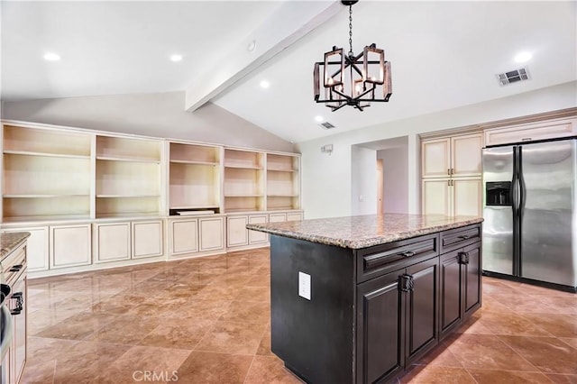 kitchen featuring lofted ceiling with beams, stainless steel refrigerator with ice dispenser, open shelves, and visible vents