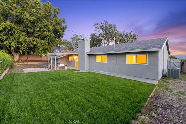 4421 Hempstead St, Simi Valley, CA 93063 - rear view of house with central air condition unit, a patio area, a chimney, stucco siding, and a shingled roof