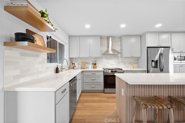 4421 Hempstead St, Simi Valley, CA 93063 - kitchen featuring appliances with stainless steel finishes, wall chimney exhaust hood, open shelves, a breakfast bar, and decorative backsplash