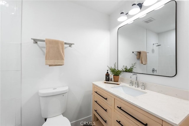 bathroom with walk in shower, visible vents, toilet, and vanity