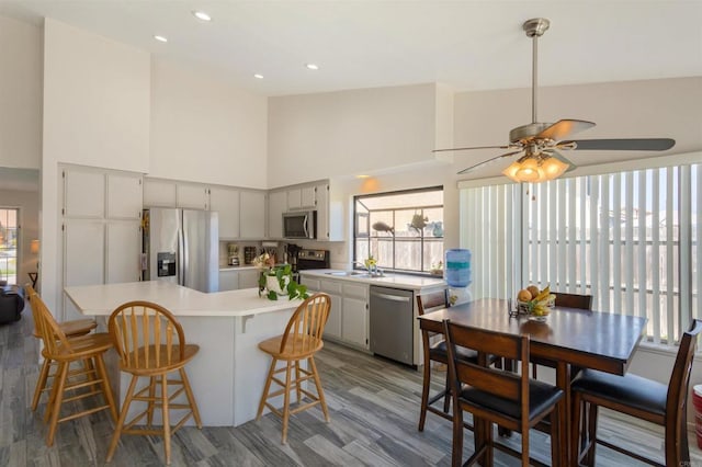 kitchen with wood finished floors, light countertops, high vaulted ceiling, a sink, and stainless steel appliances