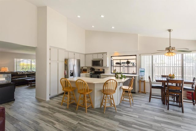 kitchen with ceiling fan, high vaulted ceiling, light countertops, light wood finished floors, and appliances with stainless steel finishes