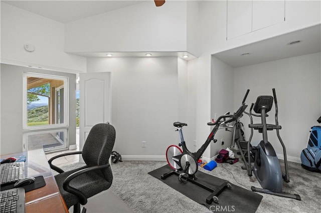 workout room with high vaulted ceiling, carpet floors, and baseboards