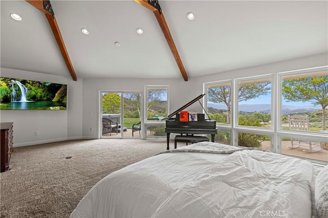 carpeted bedroom with baseboards, access to outside, beam ceiling, and recessed lighting