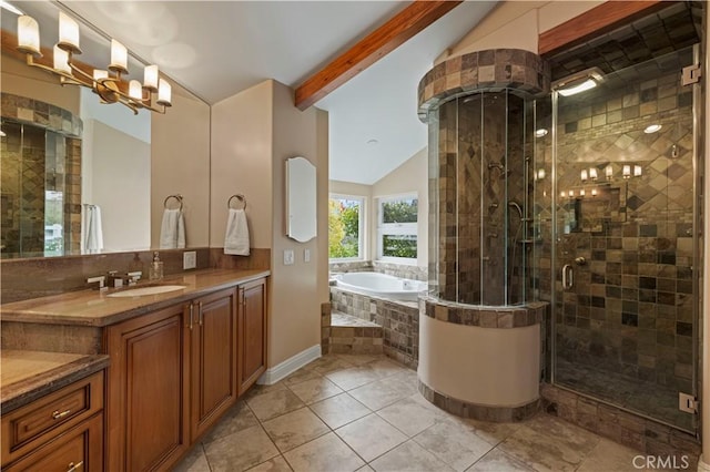 bathroom featuring a shower stall, tile patterned floors, vanity, a bath, and lofted ceiling with beams