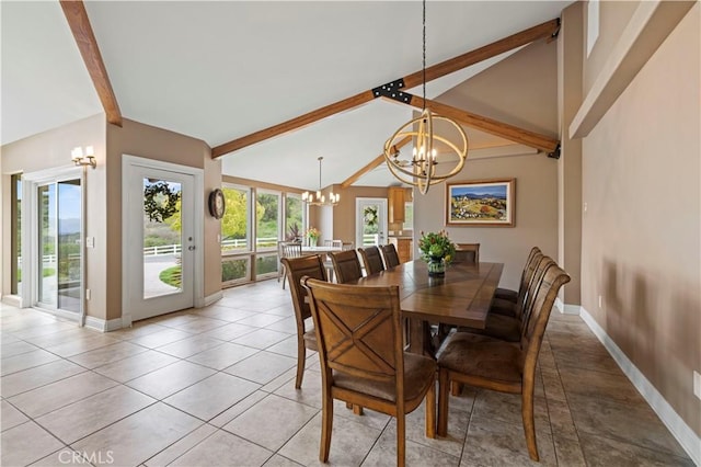 dining area featuring plenty of natural light, vaulted ceiling with beams, baseboards, and a chandelier