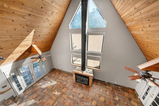 30052 Hunstock St, Castaic, CA 91384 - bonus room with a wood stove, lofted ceiling, wooden ceiling, and a ceiling fan