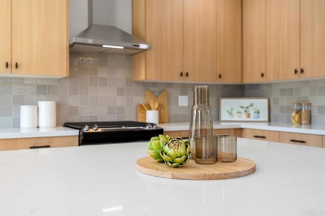 2263 Finch Ln, San Diego, CA 92123 - kitchen with wall chimney exhaust hood, range, light brown cabinetry, and backsplash