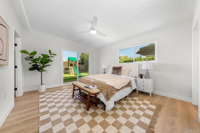 2263 Finch Ln, San Diego, CA 92123 - bedroom with access to exterior, light wood-type flooring, baseboards, and a ceiling fan