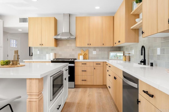 2263 Finch Ln, San Diego, CA 92123 - kitchen with wall chimney range hood, appliances with stainless steel finishes, light brown cabinetry, a sink, and open shelves