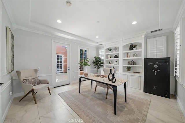 19 Ivanhoe, Irvine, CA 92602 - office space featuring marble finish floor, crown molding, visible vents, and recessed lighting
