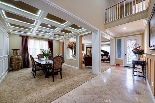 dining room featuring ornamental molding, light carpet, baseboards, recessed lighting, and coffered ceiling