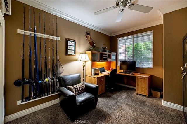 office with baseboards, ceiling fan, ornamental molding, and dark colored carpet