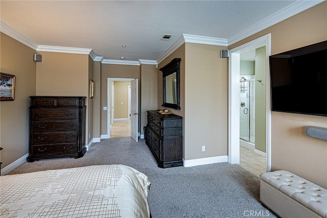 carpeted bedroom with visible vents, baseboards, and crown molding