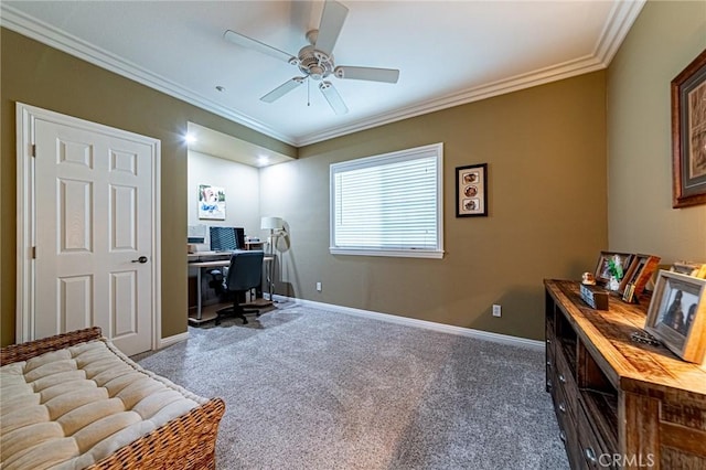 home office with ceiling fan, ornamental molding, baseboards, and carpet