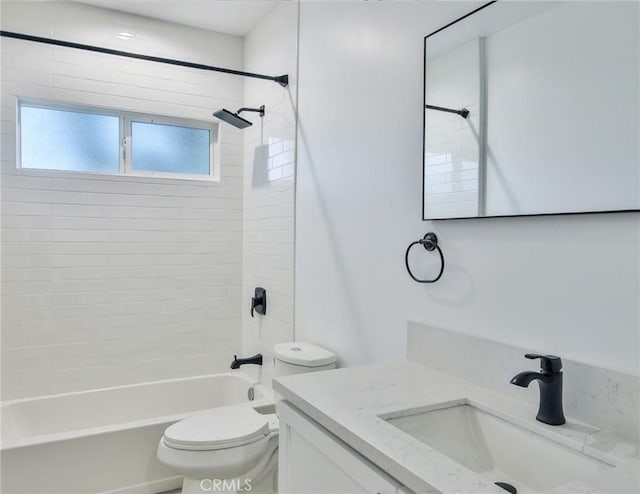 bathroom with shower / bath combination, vanity, and toilet