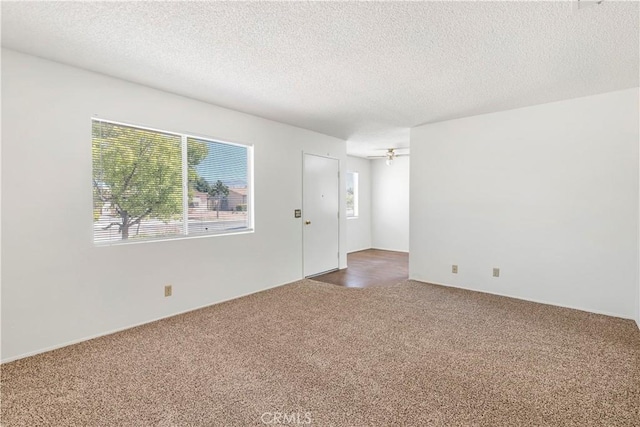 spare room with a ceiling fan, carpet flooring, and a textured ceiling