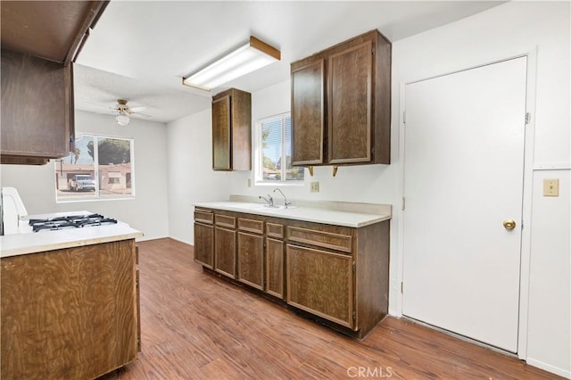 kitchen featuring light countertops, wood finished floors, range, and ceiling fan