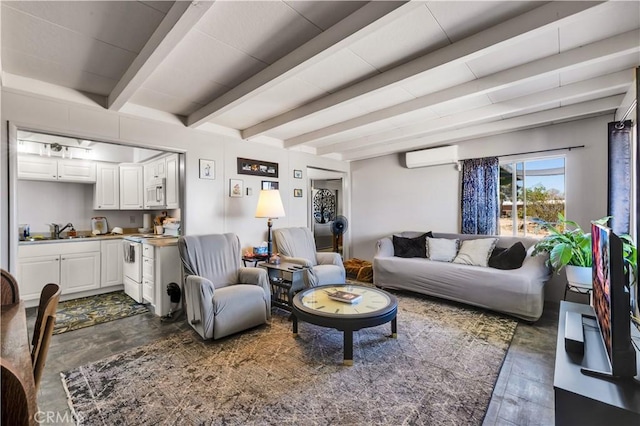 living room featuring beam ceiling and a wall unit AC