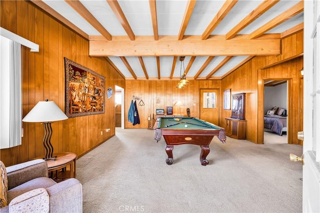recreation room featuring wood walls, vaulted ceiling with beams, pool table, and carpet floors