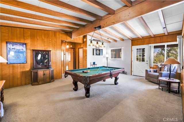 rec room with beamed ceiling, carpet flooring, billiards, and wood walls