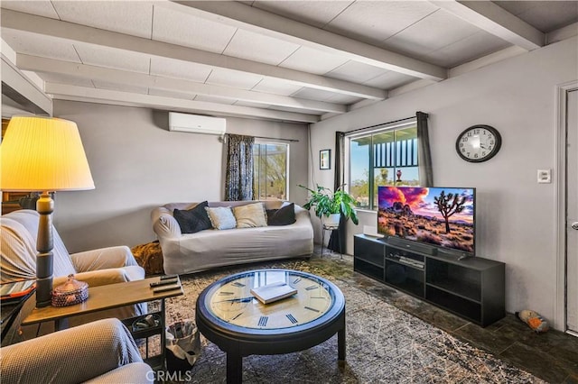 living area featuring stone finish floor, a wall mounted AC, and beamed ceiling