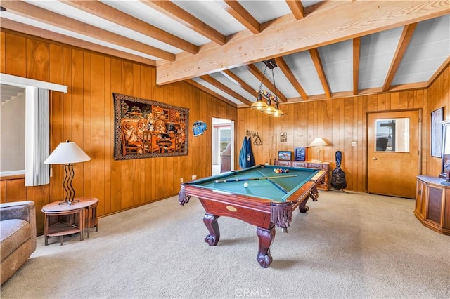 playroom with carpet flooring, pool table, lofted ceiling with beams, and wood walls