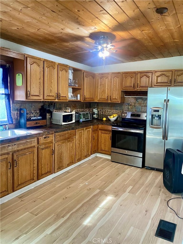 kitchen featuring brown cabinets, stainless steel appliances, open shelves, and wooden ceiling