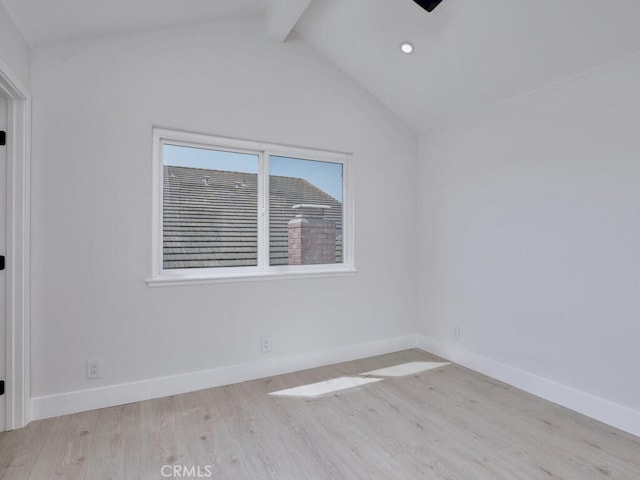 spare room featuring recessed lighting, light wood-style floors, vaulted ceiling with beams, and baseboards