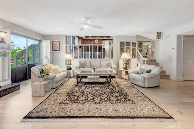 25641 Rapid Falls Rd, Laguna Hills, CA 92653 - living area with ceiling fan, wood finished floors, stairway, recessed lighting, and baseboards