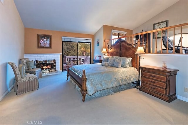 25641 Rapid Falls Rd, Laguna Hills, CA 92653 - carpeted bedroom with access to outside, vaulted ceiling, baseboards, and a fireplace