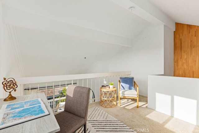 20371 Bluffside Cir Unit B401, Huntington Beach, CA 92646 - interior space featuring carpet flooring, lofted ceiling with beams, and wood walls