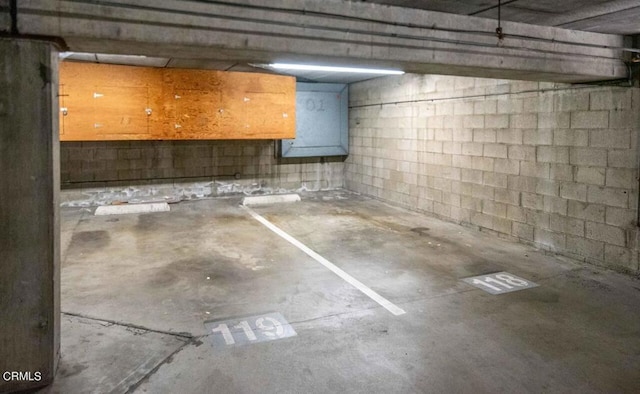 parking garage with concrete block wall