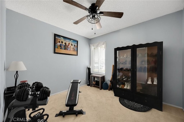 17381 Yorkshire Ave, Yorba Linda, CA 92886 - exercise area featuring a textured ceiling, a ceiling fan, baseboards, and carpet floors