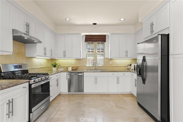 kitchen with under cabinet range hood, stone countertops, appliances with stainless steel finishes, and a sink