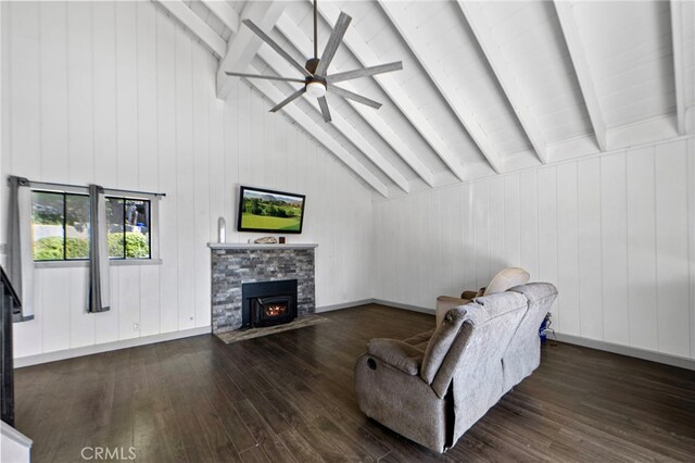 26429 Apache Trl, Rimforest, CA 92378 - living room featuring hardwood / wood-style flooring, a ceiling fan, a stone fireplace, and wooden walls