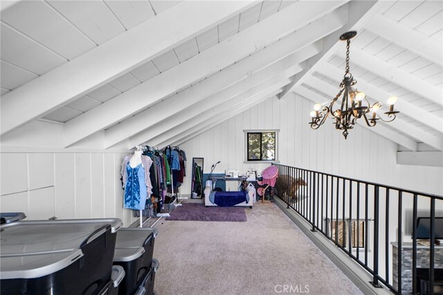 additional living space with lofted ceiling with beams, wood walls, carpet, and a notable chandelier