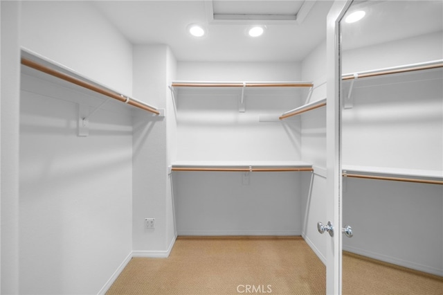 spacious closet with attic access and light colored carpet