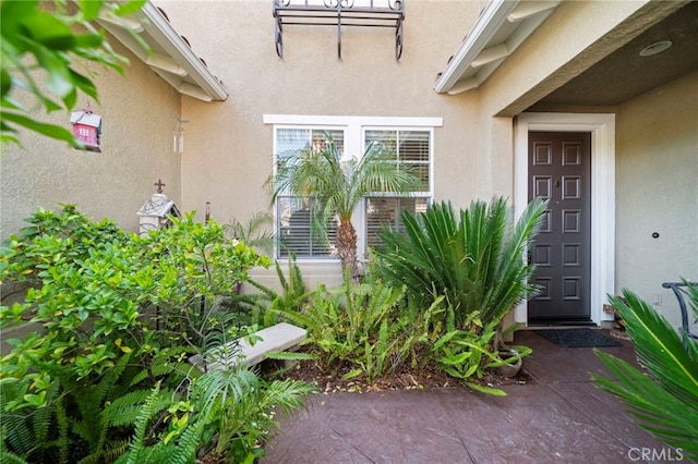 property entrance with stucco siding