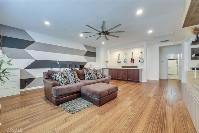 11927 Bunting Cir, Corona, CA 92883 - living room featuring ceiling fan, light wood finished floors, and recessed lighting