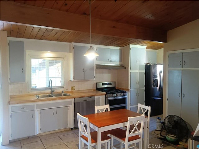 12055 Douglas St, Yucaipa, CA 92399 - kitchen with stainless steel appliances, a sink, beamed ceiling, decorative backsplash, and wooden ceiling