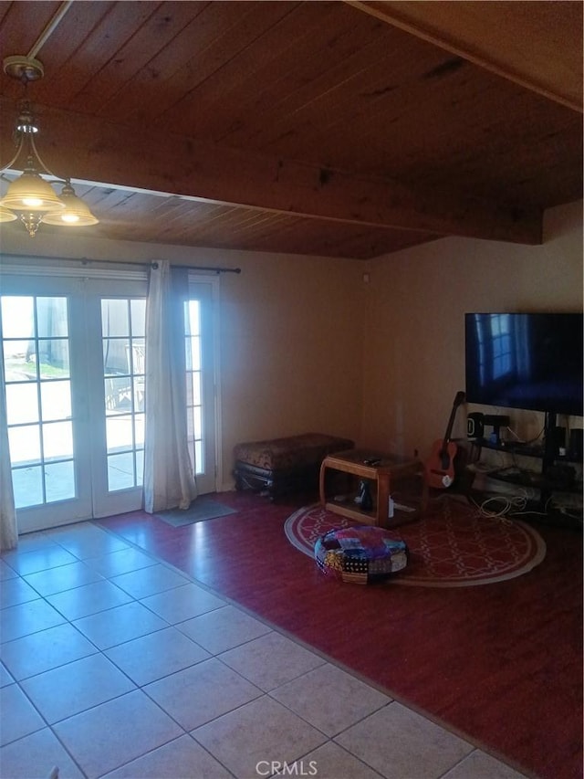 12055 Douglas St, Yucaipa, CA 92399 - tiled living room featuring wooden ceiling and french doors