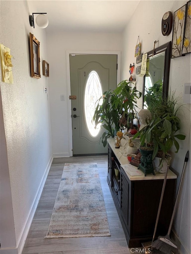 foyer entrance featuring a textured wall, wood finished floors, and baseboards