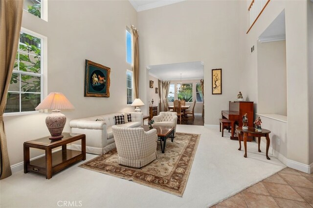 carpeted living area featuring baseboards, ornamental molding, and a towering ceiling