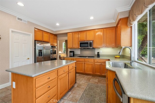 kitchen featuring stainless steel appliances, light countertops, ornamental molding, a sink, and visible vents