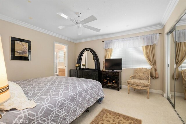 carpeted bedroom featuring ornamental molding, multiple windows, and a closet