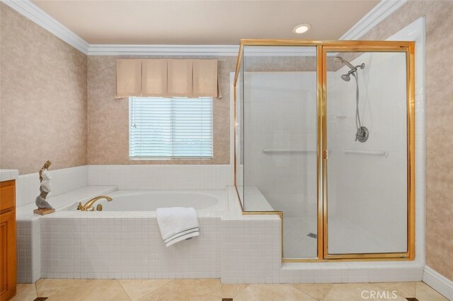 full bath featuring tile patterned flooring, a shower stall, a bath, vanity, and crown molding